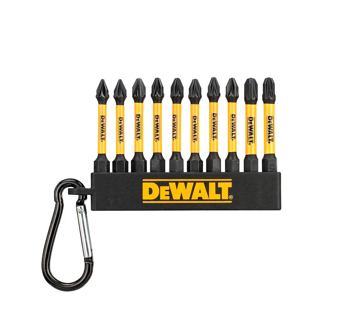 Set of 10 FLEXTORQ 57mm PZ2 and PH2 bits with Dewalt DT7274 carabiner