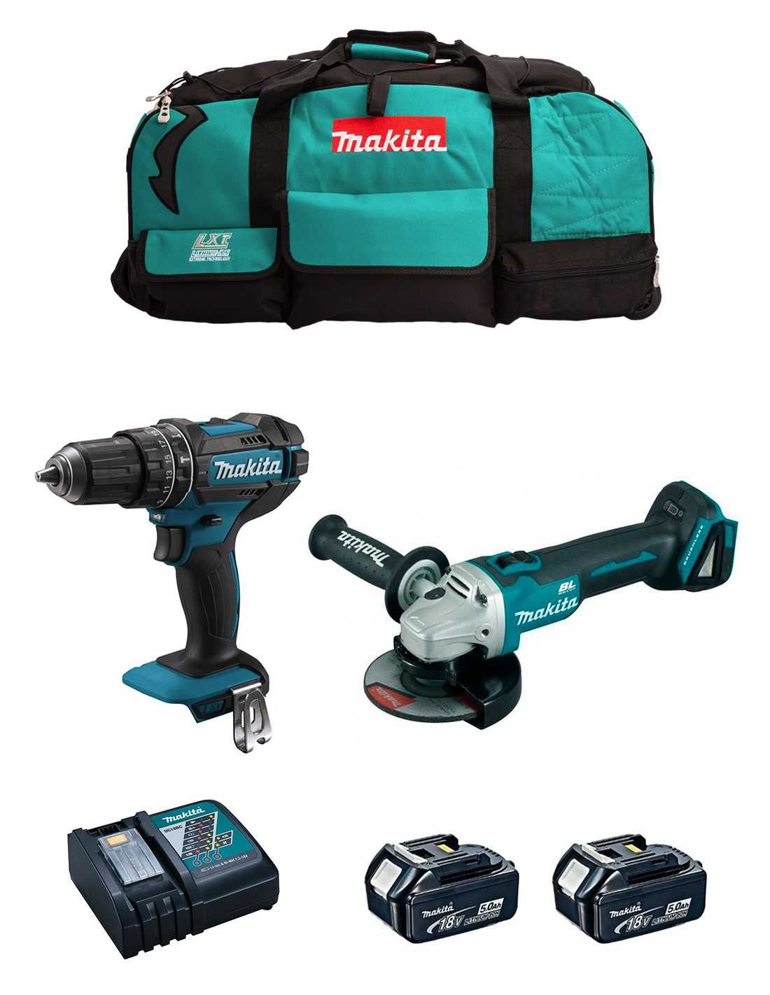 Kit Makita DHP482 Hammer Drill + DGA504 Mini-grinder + 2bat 5Ah + charger + DLX2504BL2 bag