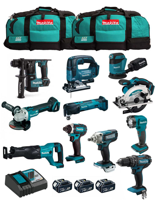 Makita kit with 11 tools + 3 bat + charger + 2 bags DLX1171BL3