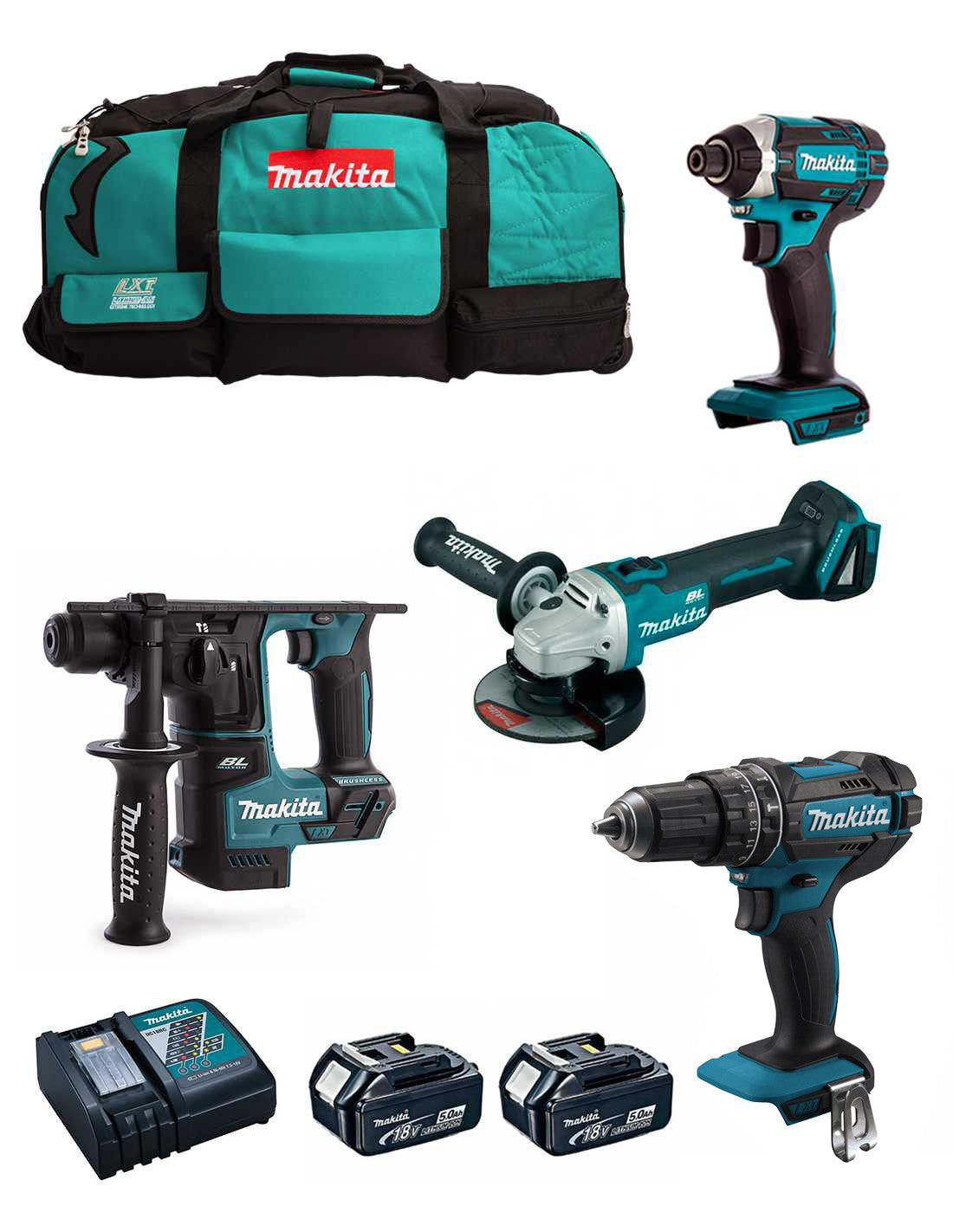 Makita kit 4 tools + 2bat 5Ah + DC18RC charger + LXT600 DLX4152BL2 bag