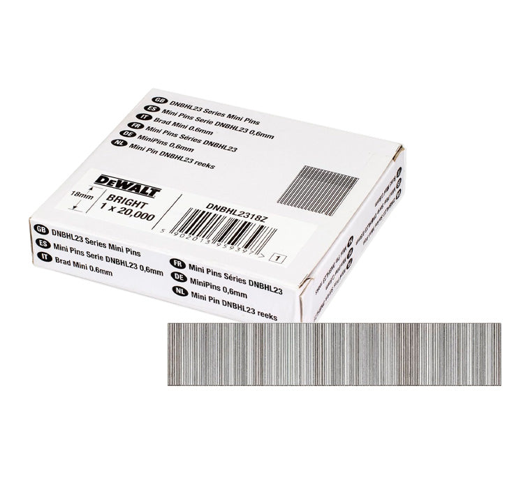 Caja 20.000uds mini pins sin cabeza para clavadora de acabados 0.6mm x 18mm Dewalt DNBHL2318Z