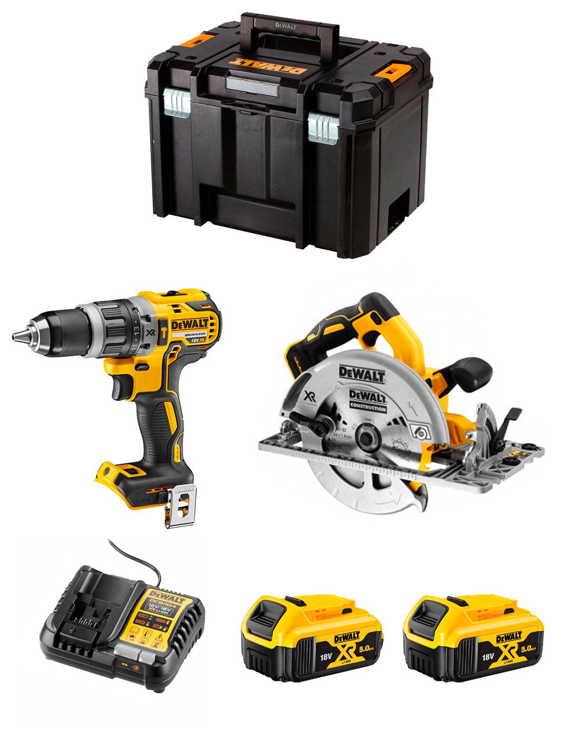 Dewalt Kit DCD996 Hammer Drill + DCS572 Circular Saw + 2bat 5Ah + charger + TSTAK VI DCK296P2