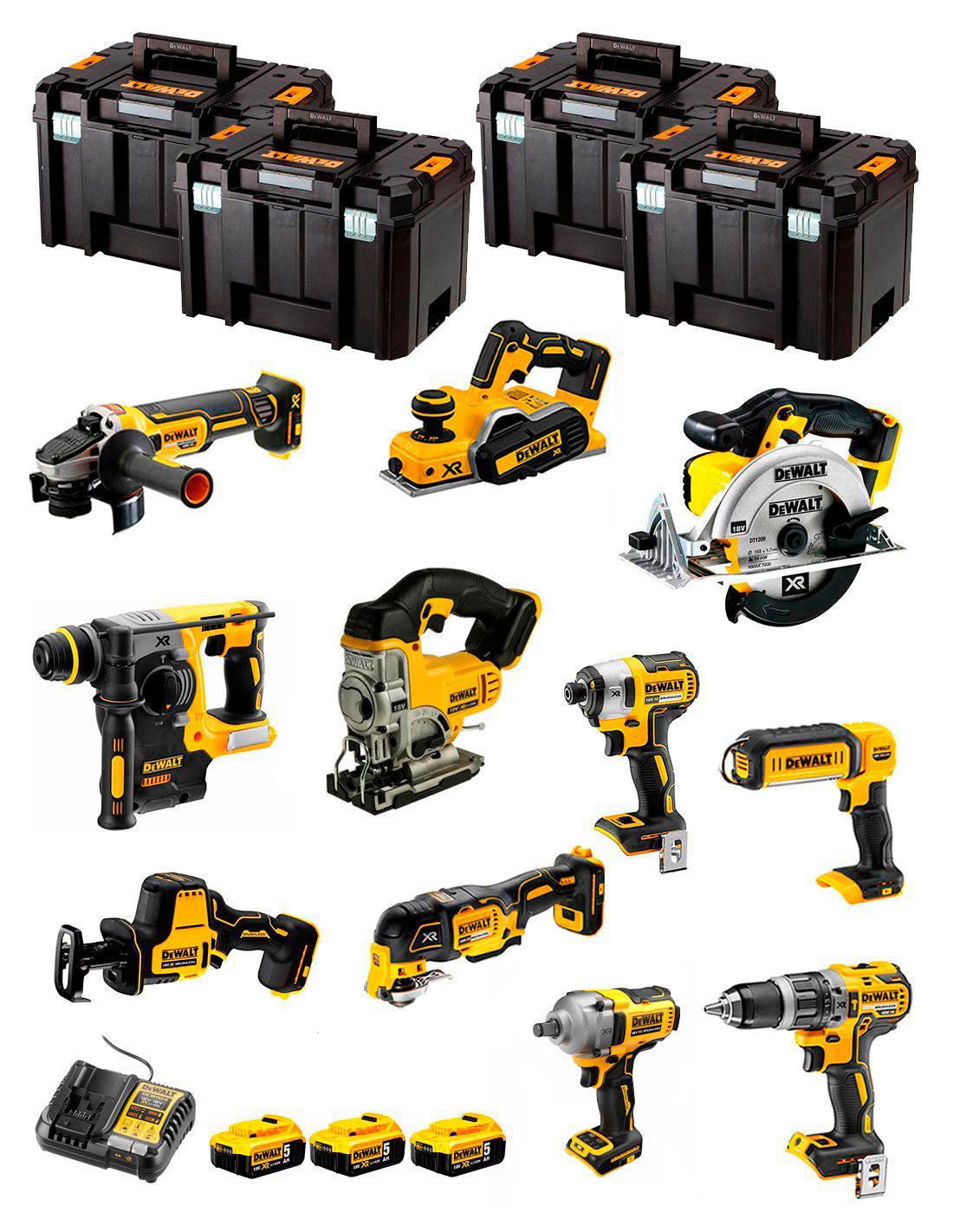 Kit Dewalt 11 herramientas + 3bat 5Ah + Cargador DCB1104 + 4xTSTAK DCK111P3