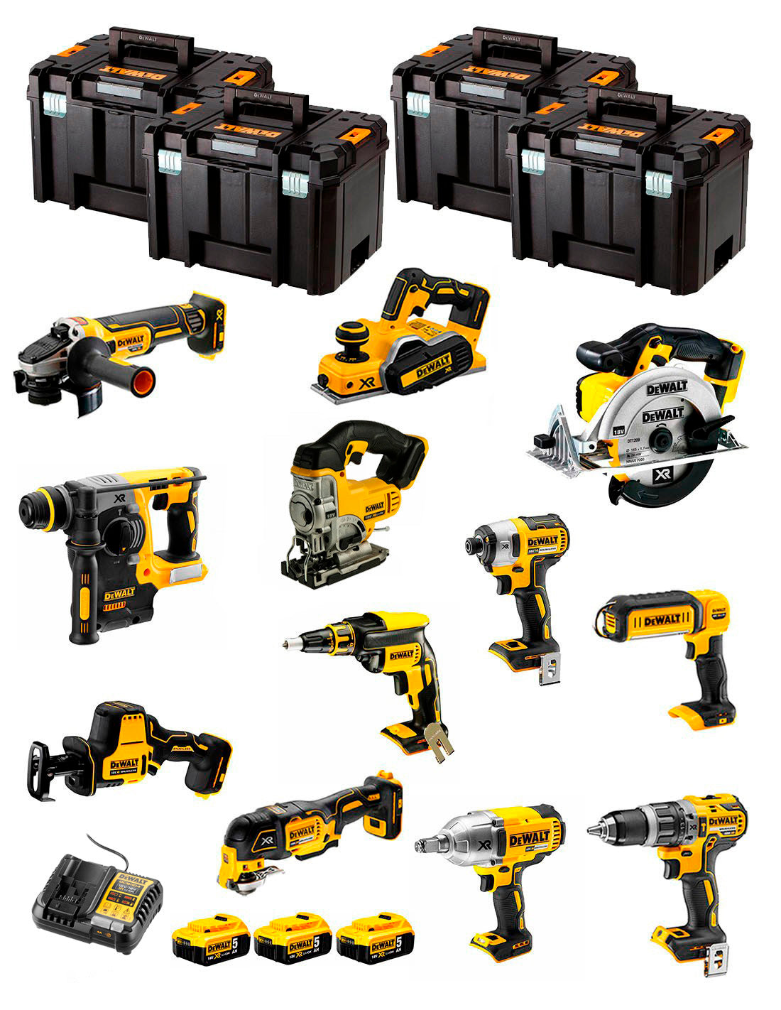 Kit Dewalt 12 herramientas + 3bat 5Ah + Cargador DCB1104 + 4xTSTAK DCK129P3