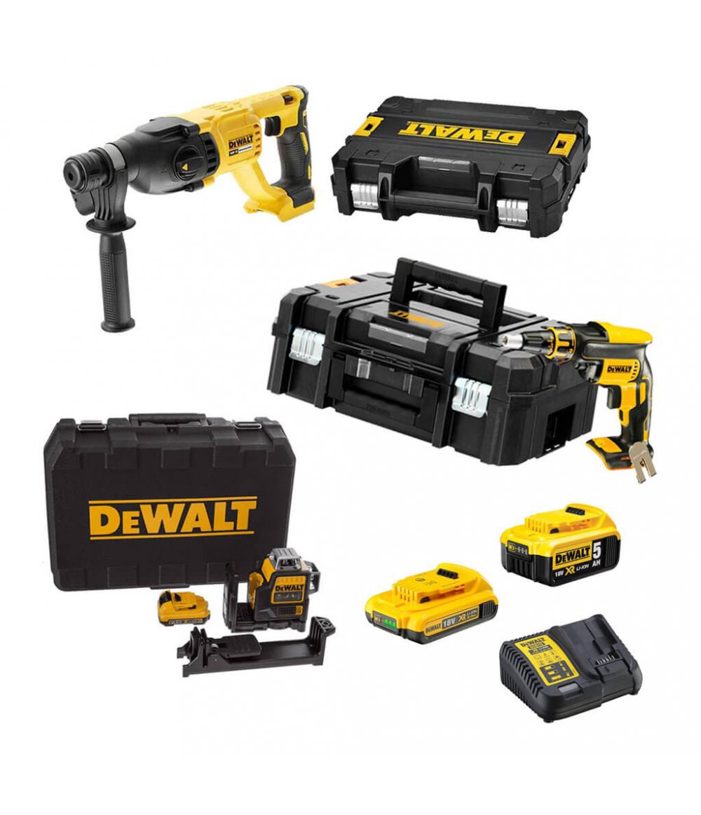 Mega Plasterboard Combo: DCF620 Screwdriver + DCH133 Hammer + DCE089D1G Level + 2 18V Dewalt Batteries