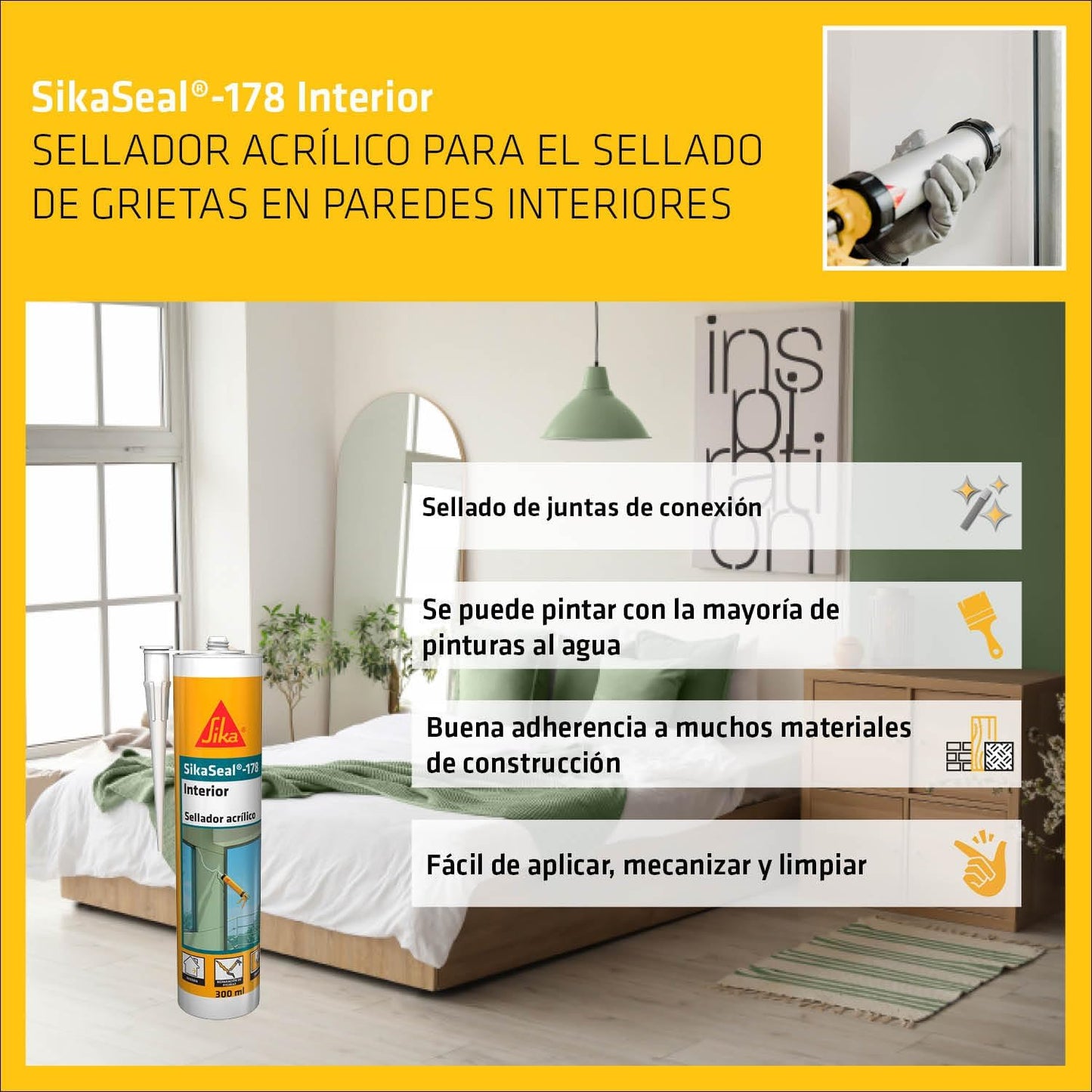 Cartucho sellador acrílico Blanco SikaSeal-178 Interiores 300ml Sika