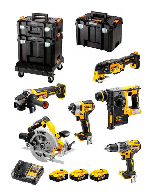 Kit 6 herramientas 18V + 3bat 5Ah + Cargador + Maletines + Base Tstak Dewalt DCK685P3T